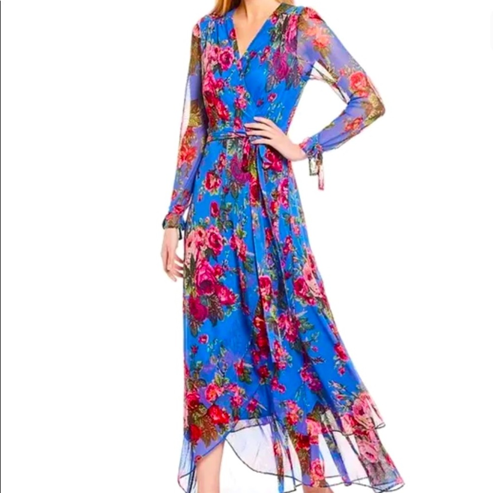 Blue Floral Betsy Johnson Lace Mesh High Low Wrap Dress